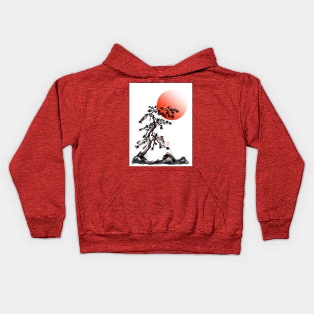 One japanese pine tree with a red rising sun Kids Hoodie by cuisinecat